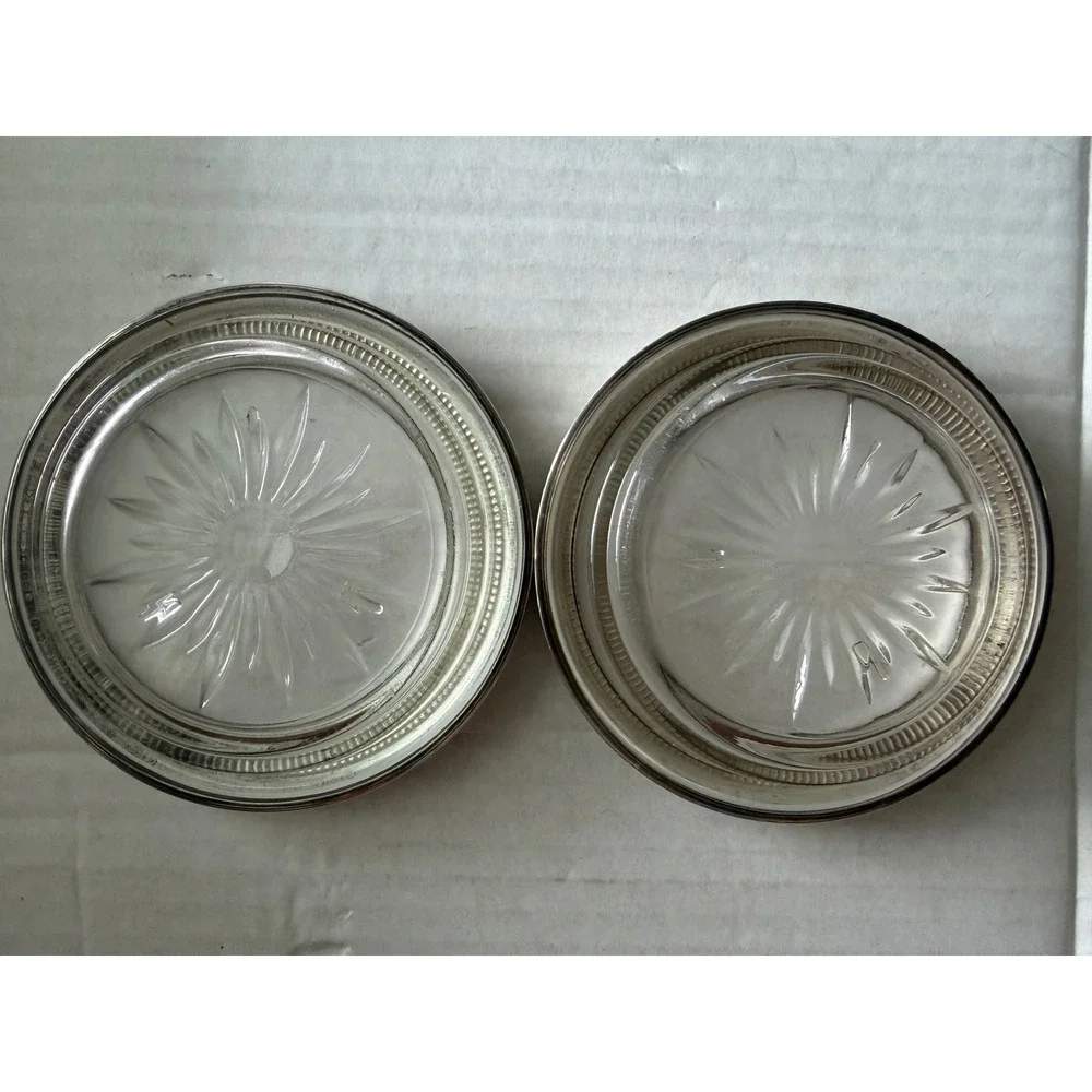 Vintage Sterling Silver Rim Glass Coasters Starburst Set of 2 Gadroon Edge